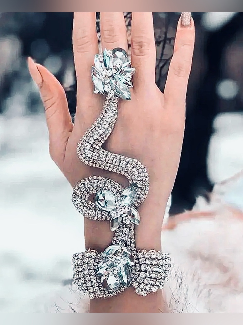 Crystal Snake Statement Bracelet Ring Set - Silver and Clear